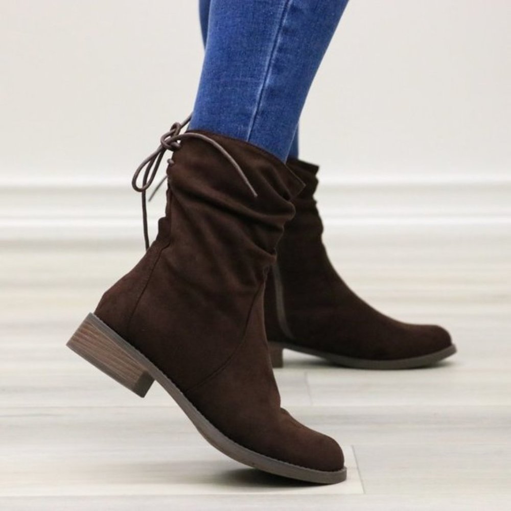 Brown Round Toe Suede Ankle Booties With Lace Back - Picture 9 of 15